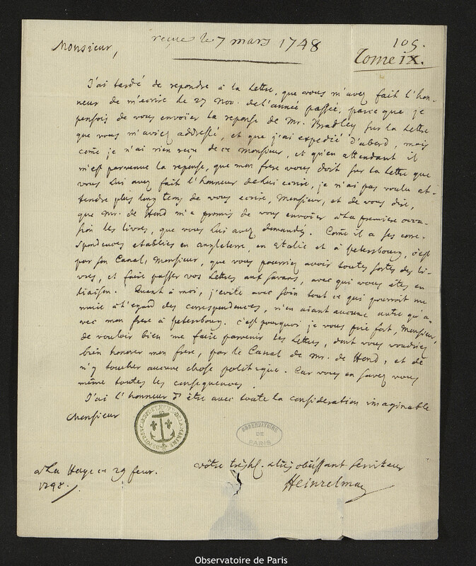 Lettre de Heinzelman à Joseph-Nicolas Delisle, La Haye, 29 février 1748