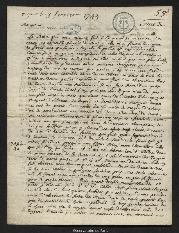 Lettre de Christopher Maire à Joseph-Nicolas Delisle, Rome, 8 janvier 1749