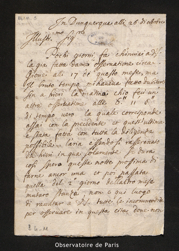 Lettre de La Hire à Cassini I, Dunkerque le 26 octobre 1681