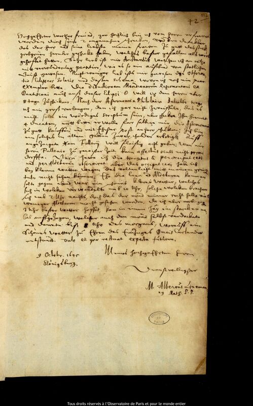 Lettre d'Albert Linemann à Jan Heweliusz, Kaliningrad, 9 octobre 1645