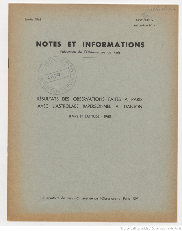 (1962) Notes et informations... Résultats des observations faites à Paris avec l'astrolabe impersonnel A. Danjon, temps et latitude, 1960