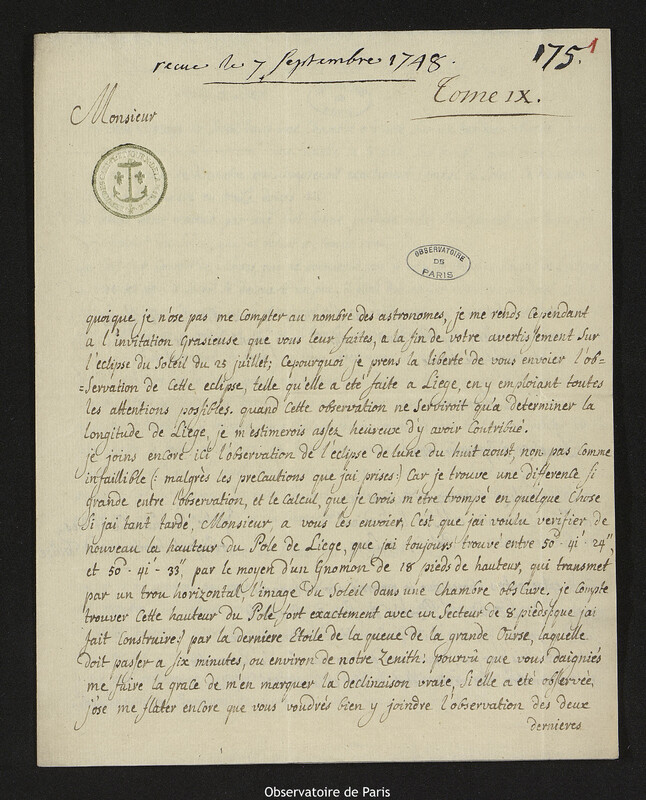 Lettre de Jean Motte dit Fallize à Joseph-Nicolas Delisle, Liège, 3 septembre 1748