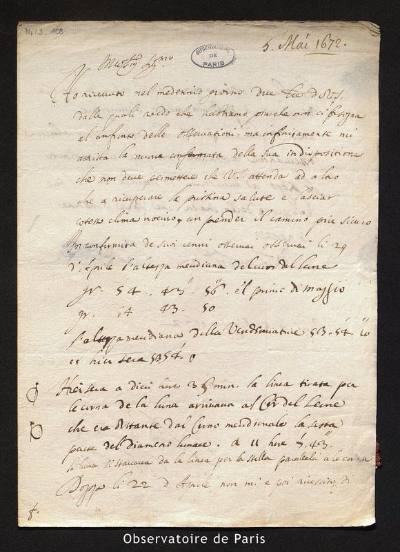 Lettre de Cassini I à Picard, Paris le 5 mai 1672