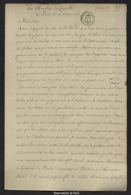 Lettre de Joseph-Nicolas Delisle à Jacques d'Allonville de Louville, Paris, 4 mars 1723