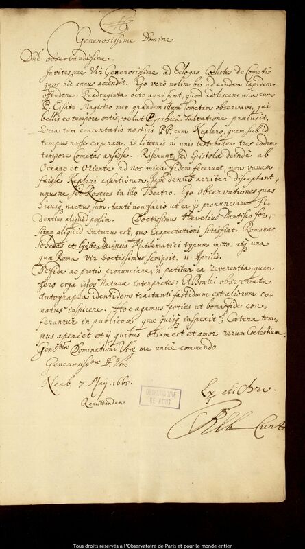 Lettre d'Albert Curtz à Stanislaw Lubieniecki, Neubourg-sur-le-Danube, 7 mai 1665