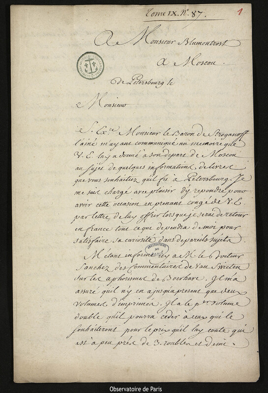 Lettre de Joseph-Nicolas Delisle à Laurent Blumentrost, Moscou, 14 mai 1747