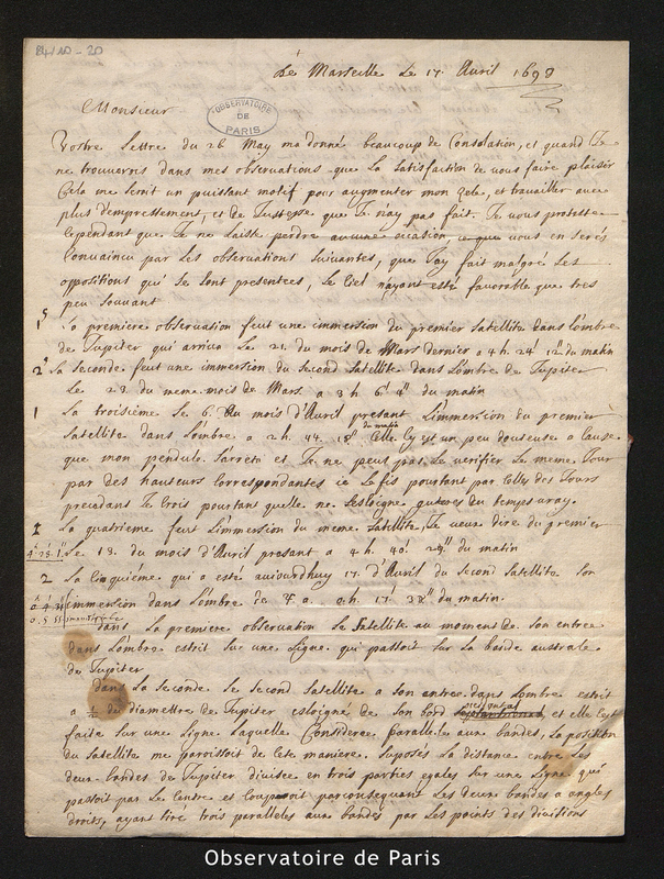 Lettre de Feuillée à Cassini I, Marseille le 17 avril 1698