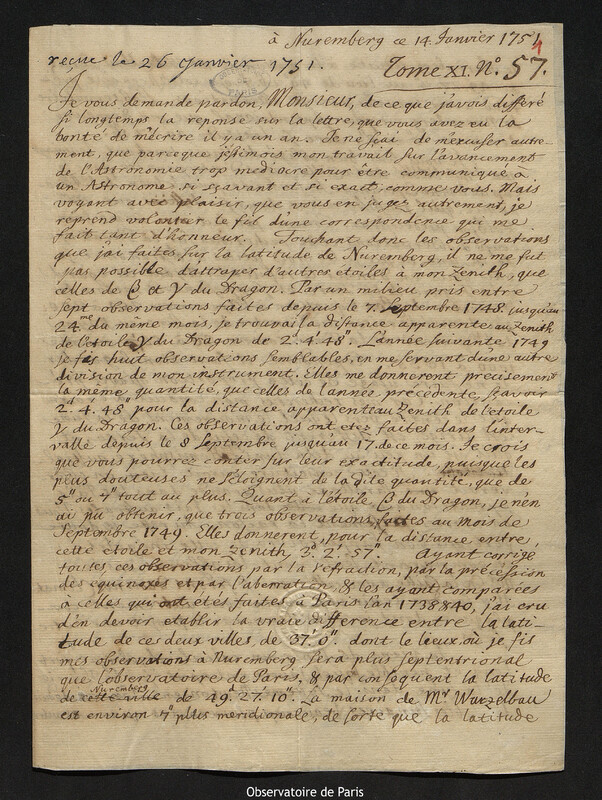 Lettre de Johann Tobias Mayer à Joseph-Nicolas Delisle, Nuremberg, 14 janvier 1751