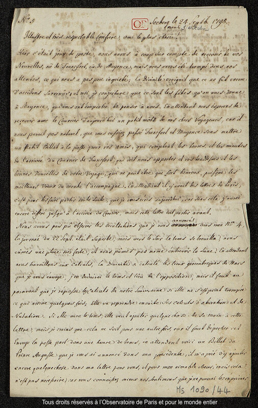 Lettre du baron Franz Xaver von Zach à Joseph Jérôme Le françois de Lalande Seeberg, 24 septembre 1798