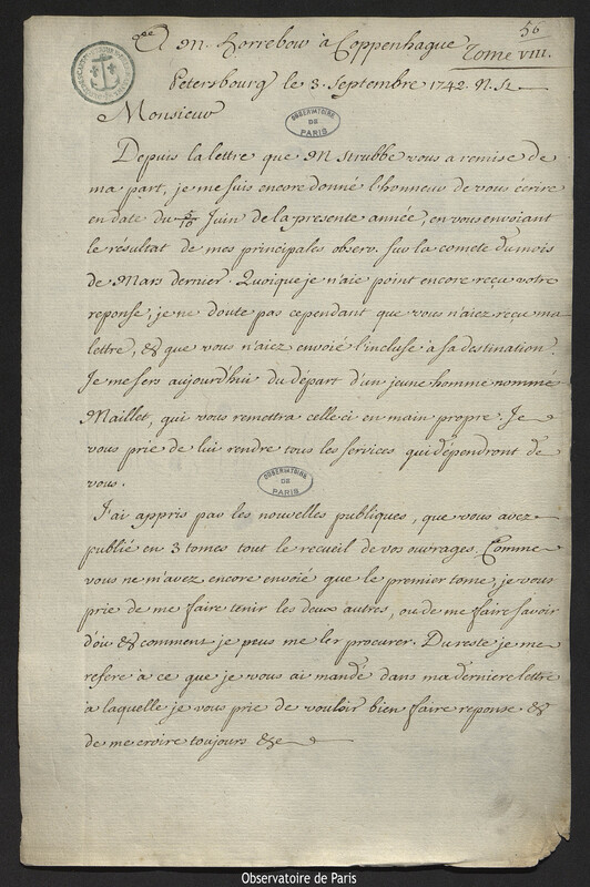 Lettre de Joseph-Nicolas Delisle à Peder Horrebow, Saint-Pétersbourg, 3 septembre 1742