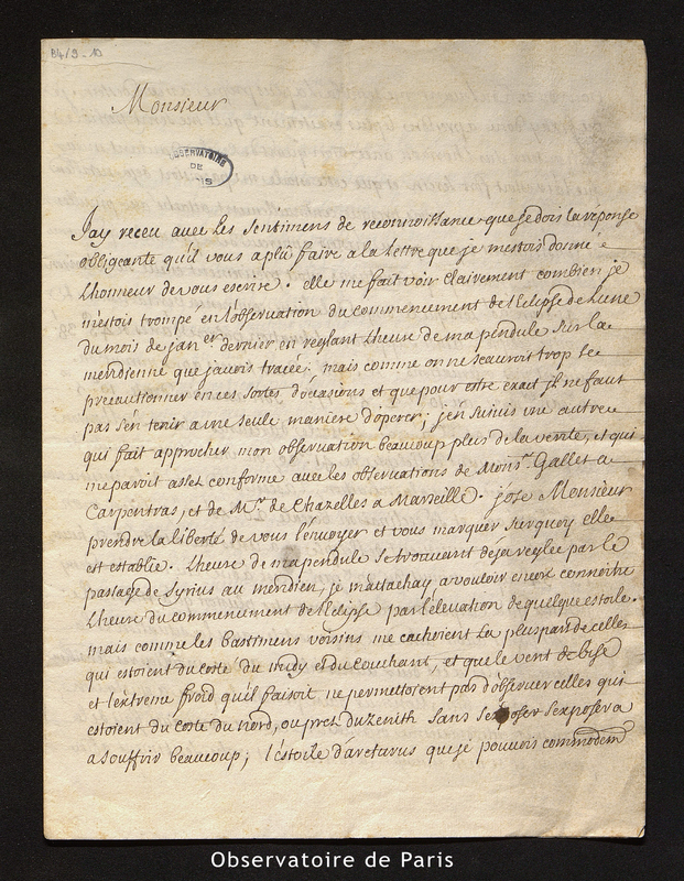 Lettre d'Advizard à Cassini I, Arles le 8 mai 1693