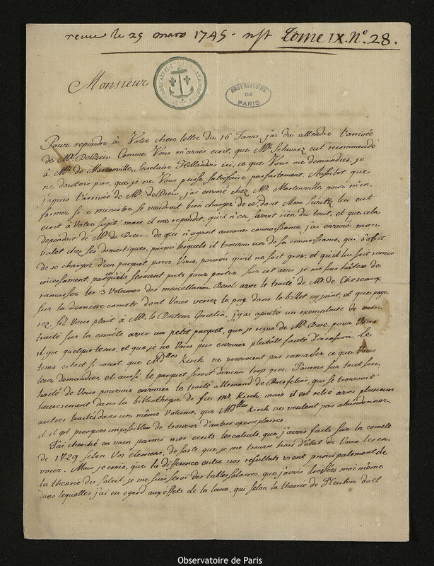 Lettre de Leonhard Euler à Joseph-Nicolas Delisle, Berlin, 13 mars 1745