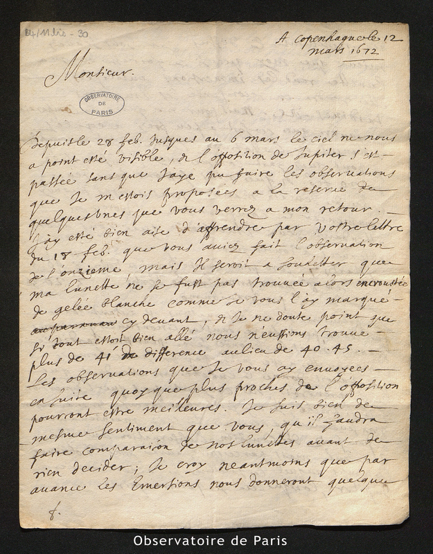 Lettre de Picard à Cassini I, Copenhague le 12 mars 1672