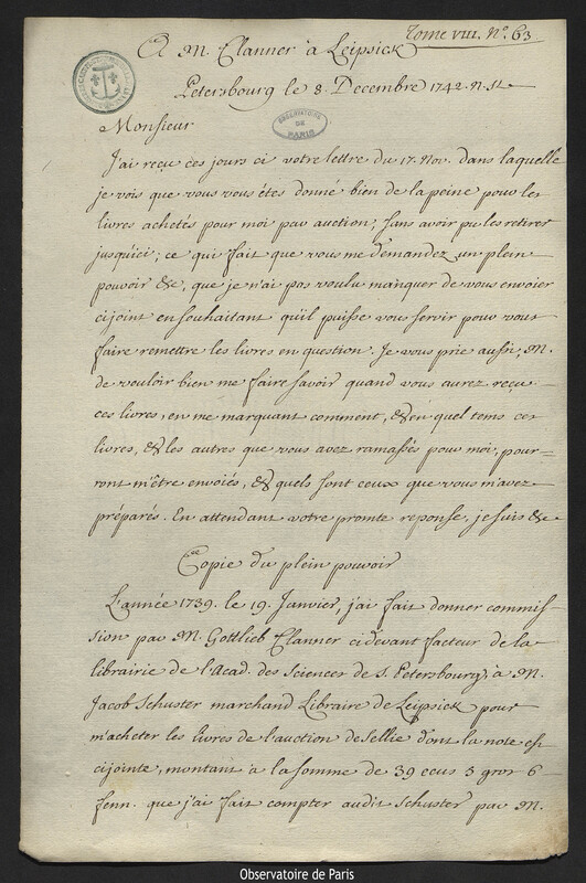 Lettre de Joseph-Nicolas Delisle à Gottlieb Clanner, Saint-Pétersbourg, 8 décembre 1742