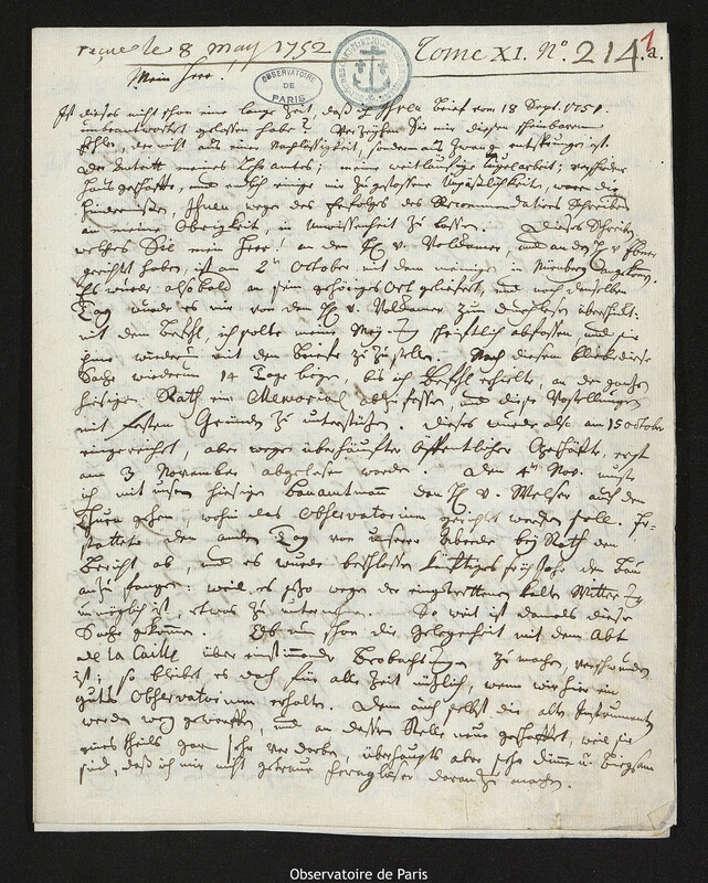 Lettre de Georg Moritz Lowitz à Joseph-Nicolas Delisle, Nuremberg