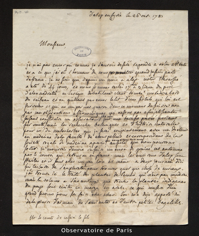 Lettre de Beauchamp à Cassini III, Alep le 26 octobre 1781