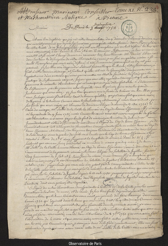 Lettre de Joseph-Nicolas Delisle à Giovanni Giacomo Marinoni, Paris, 3 septembre 1752