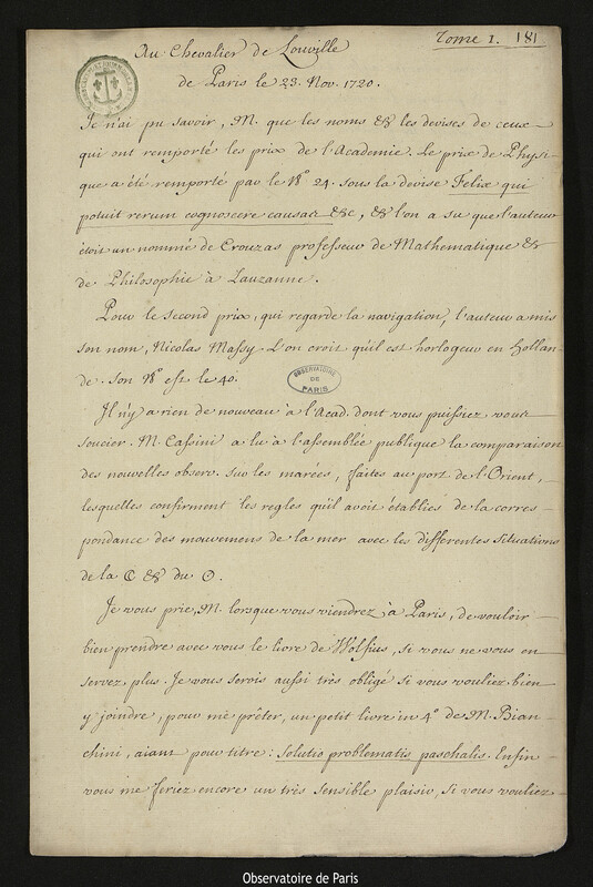 Lettre de Joseph-Nicolas Delisle à Jacques d'Allonville de Louville, Paris, 23 novembre 1720