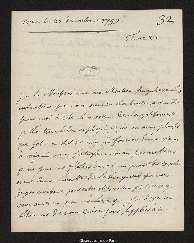 Lettre de Jacques de Boutier de La Cardonnie à Joseph-Nicolas Delisle, Rochefort, 9 décembre 1752