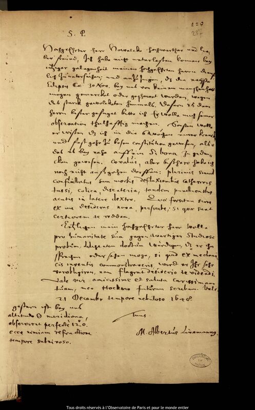 Lettre d'Albert Linemann à Jan Heweliusz, Kaliningrad, 21 décembre 1648