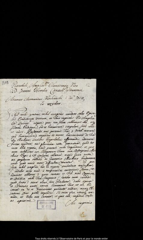 Lettre d'Adam Adamandus Kochanski à Jan Heweliusz, Wroclaw, 4 décembre 1677