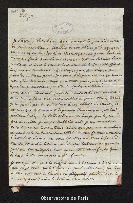 Lettre du chevalier d'Angos à Cassini IV, Tarbes le 10 janvier [17]91