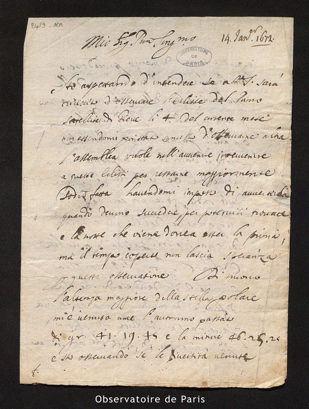 Lettre de Cassini I à Picard, Paris le 14 janvier 1672