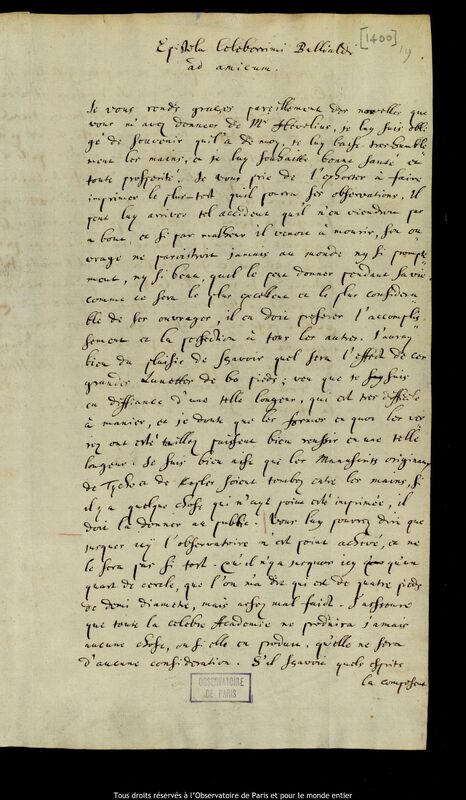 Texte manuscrit d'Ismaël Boulliau à Pierre Des Noyers, Paris, 25 juin 1670