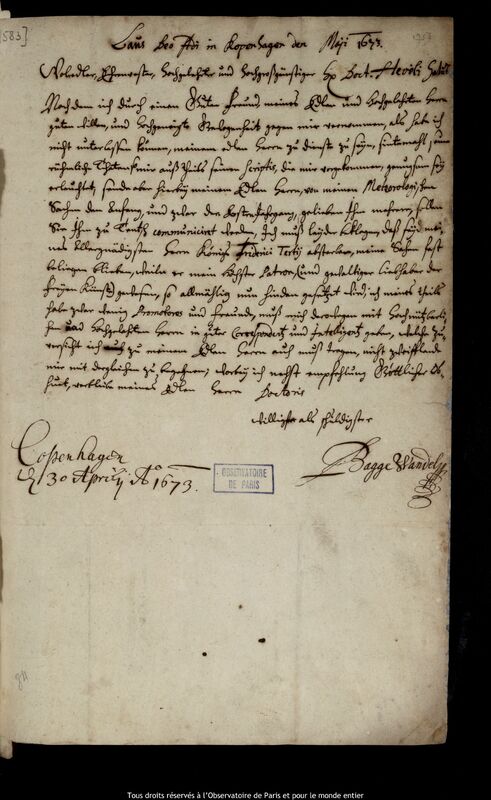 Lettre de Bagge Wandel à Jan Heweliusz, Copenhague, 30 avril 1673