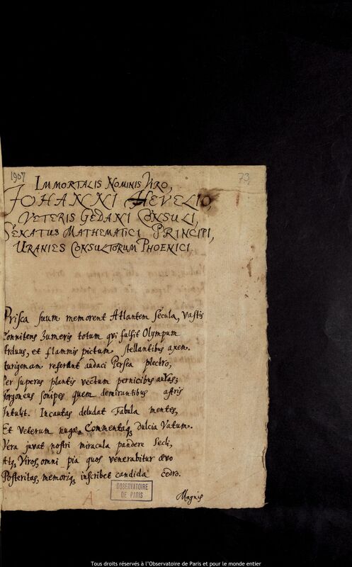 Texte manuscrit de Johann Peter Titz à Jan Heweliusz, Gdansk, janvier 1679