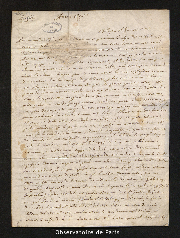 Lettre de Manfredi à Maraldi, Bologne le 16 janvier 1724