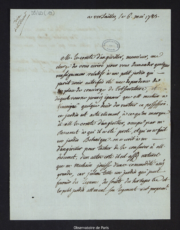 Lettre de Jean-Etienne Montucla au nom du comte d'Angiviller à Cassini IV, à Versailles le 6 mai 1783