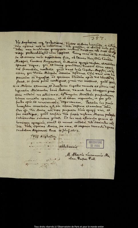 Lettre d'Albert Linemann à Jan Heweliusz, Kaliningrad, 13 juin 1653