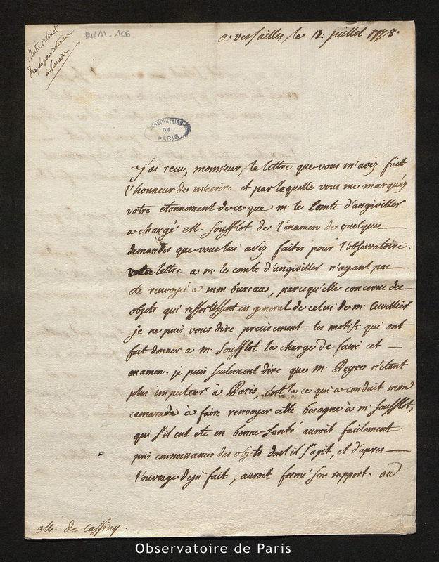 Lettre de Montucla, premier commis des bâtiments du Roi à Cassini [III ou IV], Versailles le 12 juillet 1778