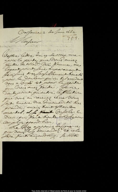 Lettre de Pierre Des Noyers à Jan Heweliusz, Varsovie, 2 juin 1662