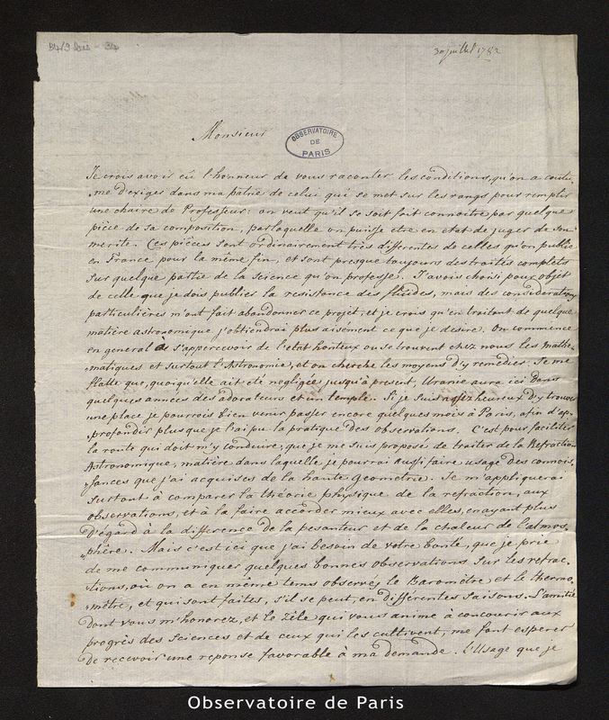 Lettre de C. H. Damen à Cassini IV, La Haye le 30 juillet 1782