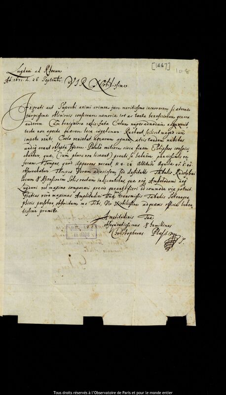 Lettre de Christoph Plass à Jan Heweliusz, Leyde, 26 septembre 1671