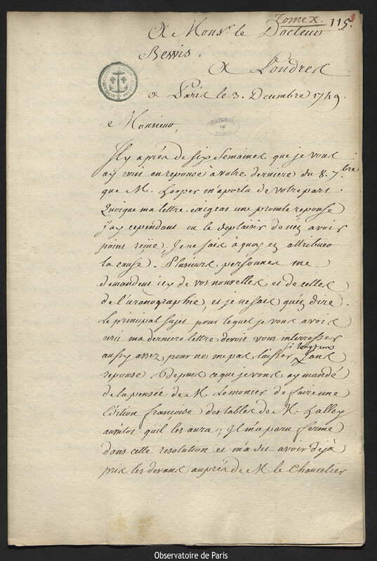 Lettre de Joseph-Nicolas Delisle à Jean Bevis, Paris, 3 décembre 1749