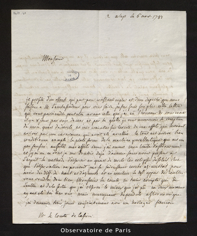 Lettre de Beauchamp à Cassini IV, Alep le 6 nov. 1781