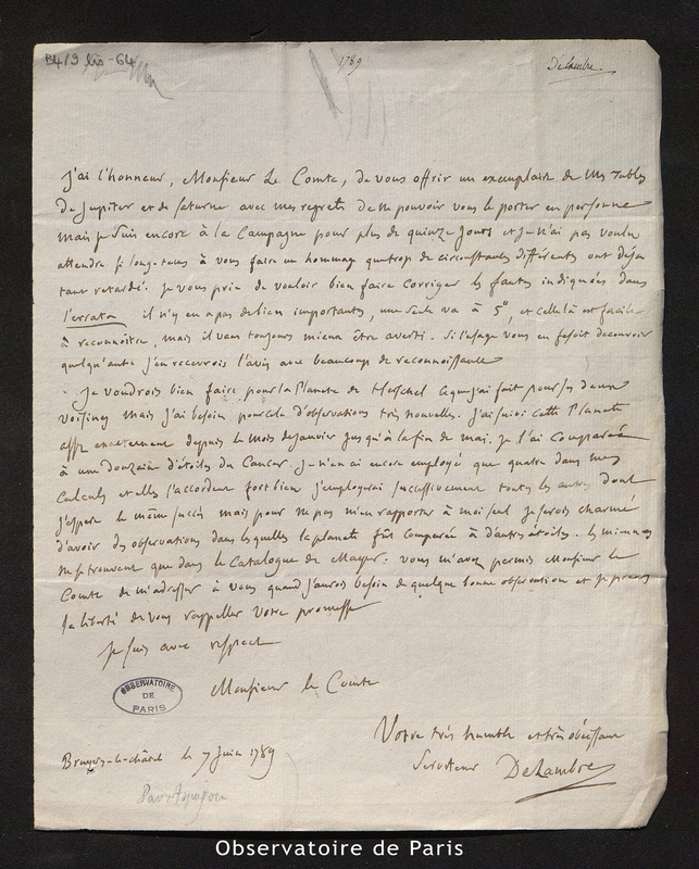 Lettre de Delambre à M. le comte [de Cassini], Bruyères le Chatel le 7 juin 1789