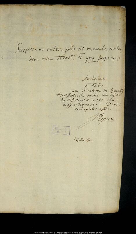 Texte manuscrit de Joachim Pastorius à Jan Heweliusz, Gdansk, 7 février 1661