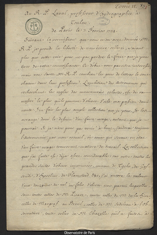 Lettre de Joseph-Nicolas Delisle à Antoine-François Laval, Paris, 7 février 1724