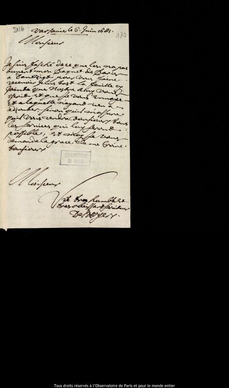 Lettre de Pierre Des Noyers à Jan Heweliusz, Varsovie, 6 juin 1681