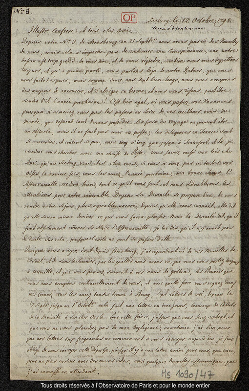 Lettre du baron Franz Xaver von Zach à Joseph Jérôme Le françois de Lalande Seeberg, 12 octobre 1798