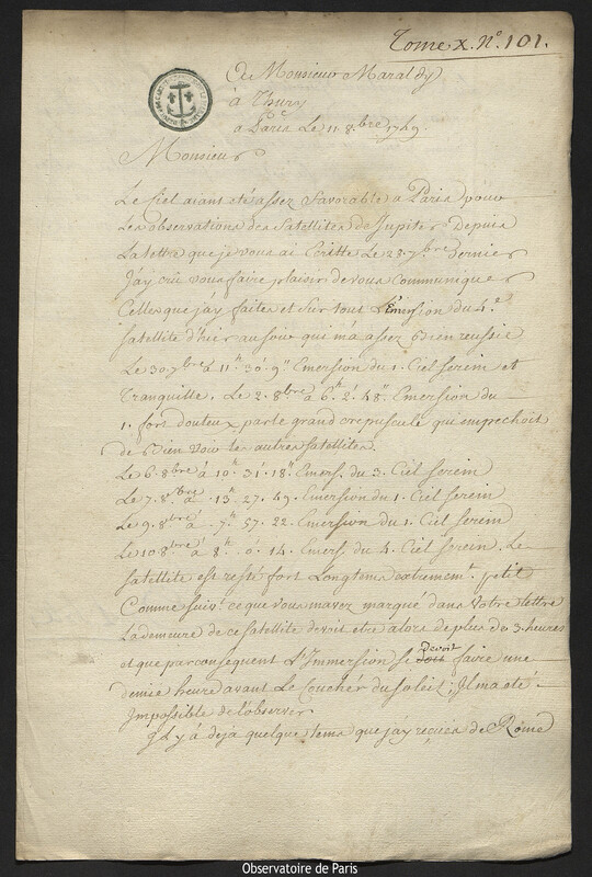 Lettre de Joseph-Nicolas Delisle à Jean Dominique Maraldi, Paris, 11 octobre 1749