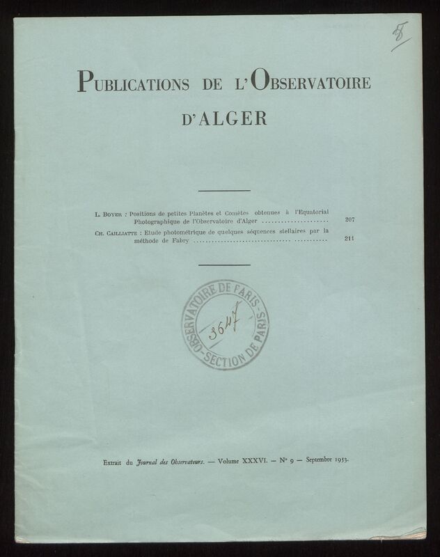 (1953_9) Travaux de l'Observatoire d'Alger