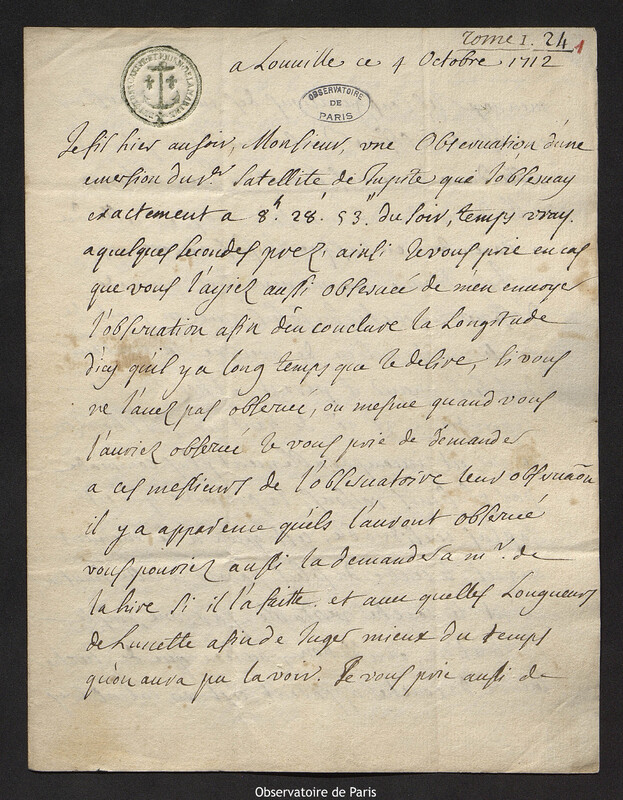 Lettre de Jacques d'Allonville de Louville à Joseph-Nicolas Delisle, Louville-la-Chenard, 4 octobre 1712