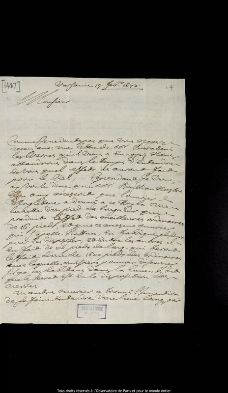 Lettre de Pierre Des Noyers à Jan Heweliusz, Varsovie, 19 février 1672