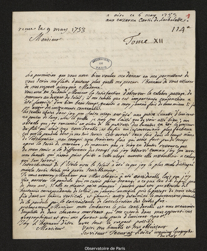 Lettre de Edme-Sébastien Jeaurat à Joseph-Nicolas Delisle, Aire-sur-la-Lys, 6 mai 1753