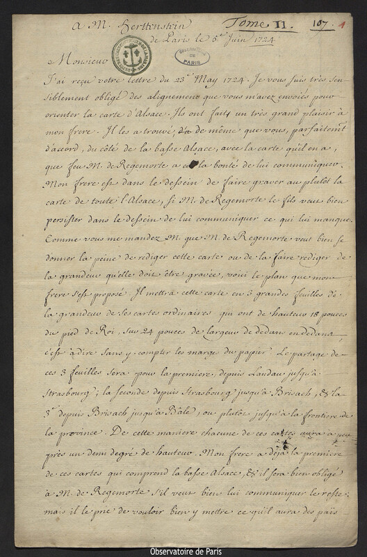 Lettre de Joseph-Nicolas Delisle à Johannes Henricus Herttenstein, Paris, 5 juin 1724